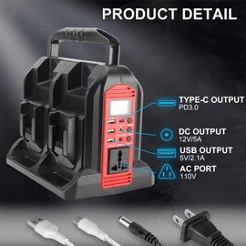 350W Inverter for Milwaukee 18V Li-ion Battery, 4-Port 20V to 120V Pure Sine Wave Inverter with LED Light, 3 USB-A Port, 1 USB-C Port, 1 DC Port, Power Station for Outdoor Camping(No Battery)