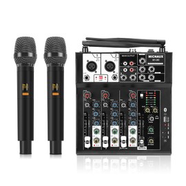 MICNAUX 4 Channel Audio Mixer, Karaoke Mixer with Dual Wireless Microphones, Professional Sound Board DJ Mixing Console MP3 Bluetooth 48V Phantom Power USB Interface for PC Studio Recording Party