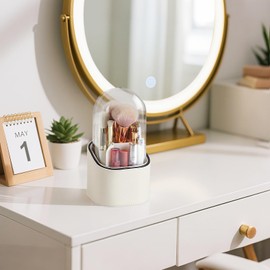 Cretkhp Makeup Brush Holder with Lid, PU Leather Makeup Brush Organizer for Vanity Bathroom Countertop, Dustproof Makeup Organizers (Cream)