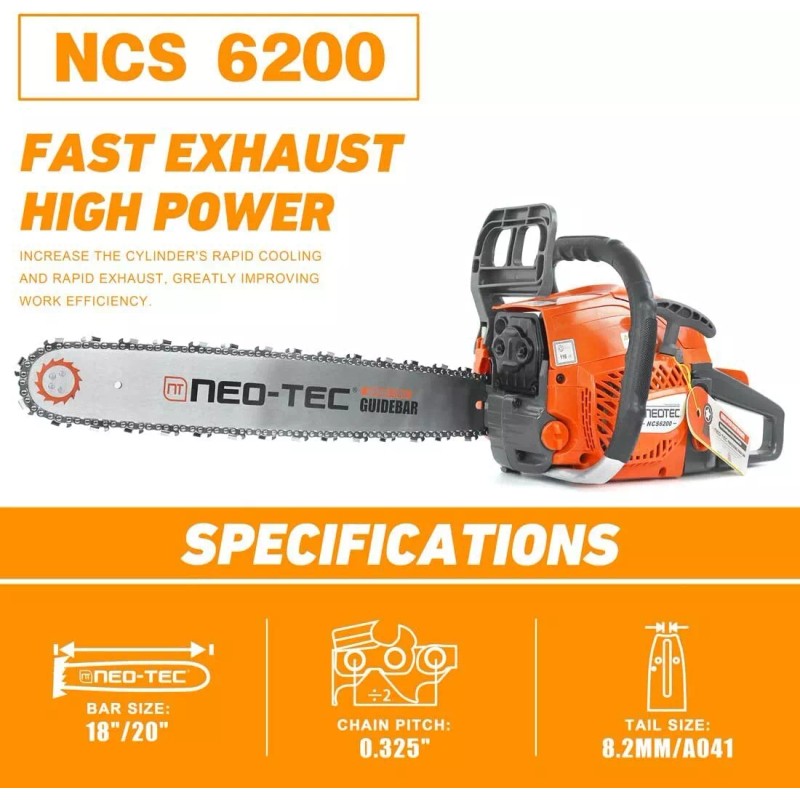 NEOTEC 62CC 2Stroke Gasoline Chainsaw 20" Bar Powered Engine Wood