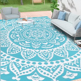 Bsmathom 6x9 Outdoor Plastic Straw Rug, Large Waterproof Outdoor Rug for Patios Clearance, Portable Camping Rugs Reversible Mat for Camping, RV, Picnic, Beach, Backyard, Pool Deck,Teal