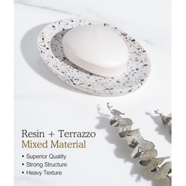 Luxspire Soap Dish, Resin Soap Tray Soap Holder Container Box, Oval Soap Plate Case, Sponge Dish Scrubbers Tray Holder for Bathroom Vanity Shower Kitchen Sink Counter Top, Terrazzo