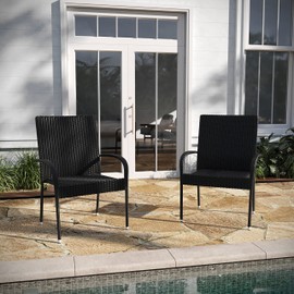 Taylor & Logan Maxim Set of 2 Stackable Indoor/Outdoor Wicker Dining Chairs with Arms - Fade & Weather-Resistant Steel Frames - Black