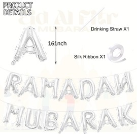 16 Inches RAMADAN MUBARAK Letter Balloons Banner - Mylar Foil Balloons Decorations for Ramadan Celebrations, Eid Mubarak Party Supplies, and Islamic Festive Gatherings (Silver)