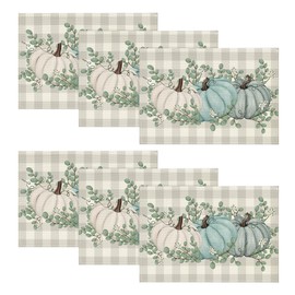 Artoid Mode - Juego de manteles individuales de 6,12 x 18 pulgadas, diseño de búfalo, a cuadros, eucalipto, calabazas, hojas, otoño, decoración de fiesta, cocina, comedor