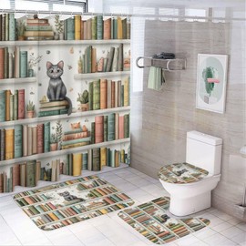4PCS Cute Kitten Bookshelf Shower Curtain Set 72W X 72L, Country Rustic Book Succulent Print Bathroom Decor, Toilet Lid Cover Non-Slip Rugs and U-Shaped Mat Set 12 Hooks