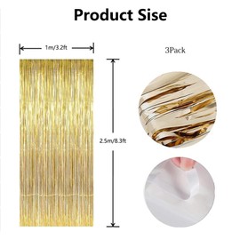 Onezebra 3 Pack 3.2ft x 8.3ft Metallic Tinsel Curtains, Foil Fringe Curtain, Foil Curtain, Glitter Backdrop for Party Supplies, Rose Gold Streamers for Door, Window Decoration (Champagne Gold)