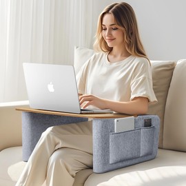 Lap Desk Pillow with Wooden Top, Large Reading Pillow for Bed, Laptop Desk for Couch, Gray