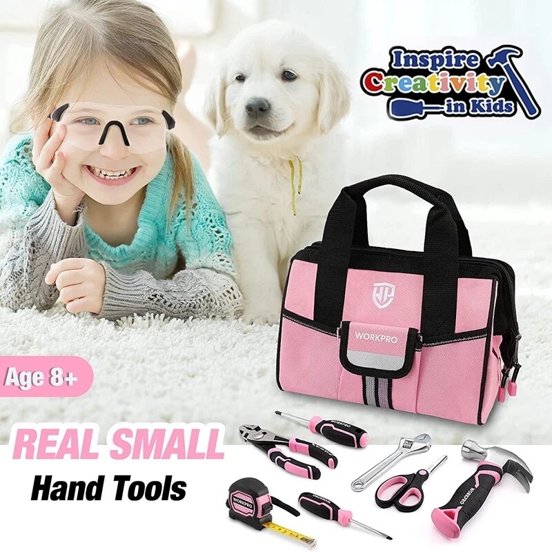 WORKPRO 9-Piece Kids Real Hand Tool Set Pink Junior Tool