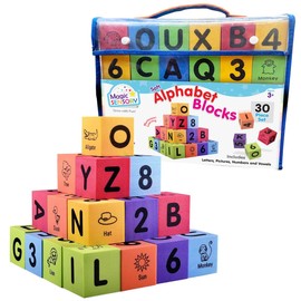 Magic Sensory Alphabet Stacking Blocks for Toddlers - 30 Pcs Set - Colourful Soft EVA Foam Blocks for Kids - Features Abc's, Numbers and Pictures for Ages 3+