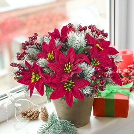 unlemoni 24 Pieces Poinsettias Artificial Christmas Flowers Bulk,12.2 Inch Faux Red Velvet Poinsettia Flowers with Pinecones Berries for Christmas Home Porch Party Indoor Outdoor Decorations