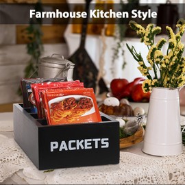 BSTKEY Black Wood Vintage Seasoning Packet Organizer, Divided Food Packet Storage Organizer Kitchen Spice Packet Holder Seasoning Packet Coffee Pod Storage