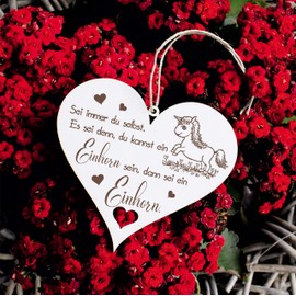 Wooden Heart Sign with German Text "Sei immer du selbst. Es sei denn, du kannst ein Einhorn sein", 20 x 18 cm, Unicorn Door Sign Decorative Wall Sign Door Decoration