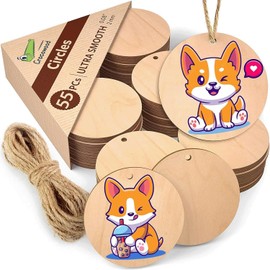 55 PCs Blank Wooden Craft Circles with Hole for Painting and Crafting - 4 cm Unfinished Wood Circles for Crafts - Round Wood Slices as Hanging Ornaments for Home Decoration - Circle Wood Plaque Set