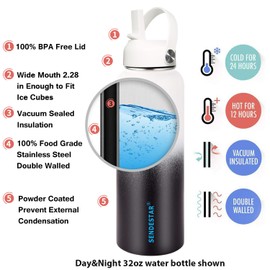 SENDESTAR Water Bottle 32oz Double Wall Vacuum Insulated Leak Proof Stainless Steel Sports Water Bottle—Wide Mouth with New Flex Straw Lid & Spout Lid (Day&Night)