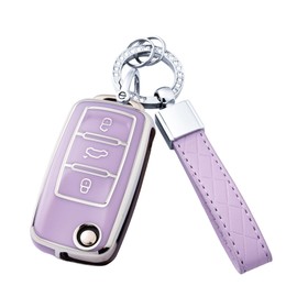 Flensent Key Fob Cover with Keychain for VW Tiguan Touareg Jetta Beetle CC Eos Golf GTI Passat (Purple)