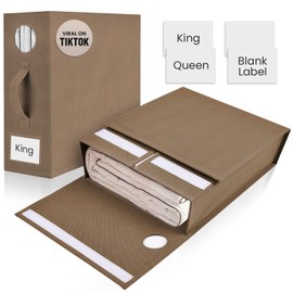 TOSORO 2 Pack Bed Sheet Organizer and Storage, Foldable Storage Organizer for Linen Closet with Viewing Window & Label for Bedding Sheets & Blankets (Queen & King Size) Taupe