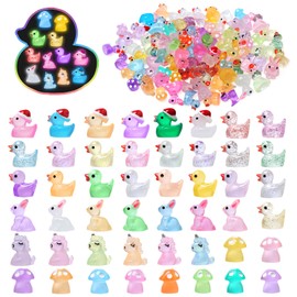 BelleStyle 100pcs Mini Luminous Resin Animals, 10+ Colors Glitter Tiny Ducks Little Miniature Animals Figures Glow in the Dark for Dollhouse Fairy Garden Micro Landscape Aquarium Potted Decor