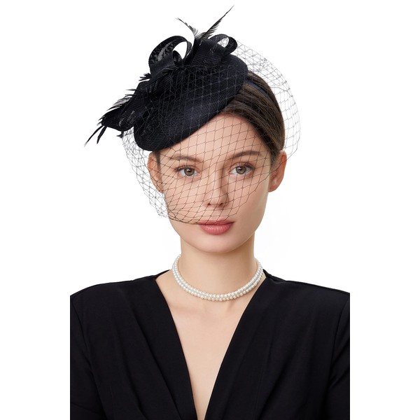 BABEYOND Fascinator Hat Veil Feather Fascinators Hair Clip Tea Party Pillbox Derby Hat Fascinator Bridal Wedding Veil Black