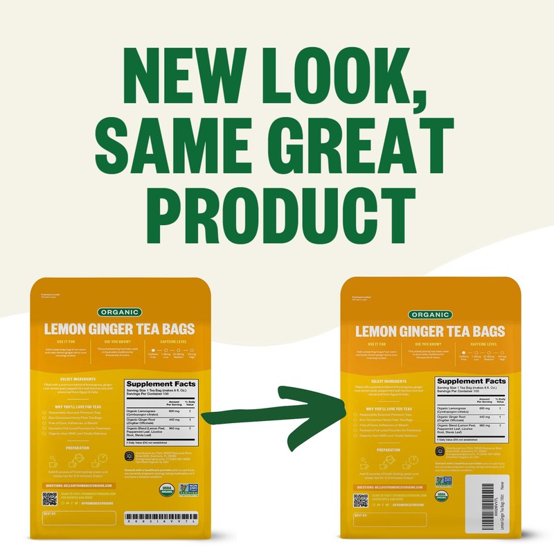 FGO Organic Lemon Ginger Tea, 100 Count, Eco-Conscious Tea Bags,