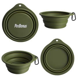 PetBonus 2-Pack Silicone Collapsible Dog Bowls, BPA Free Dishwasher Safe, Portable Foldable Expandable Travel Bowl, Food Water Feeding Cup Dish for Dogs Cats with 2 Carabiners (Army Green, Blue)