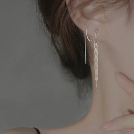 TseenYi Boho Bar Dangle Threader Earrings Long Tassel Chain Drop Earrings Silver Long Chain Earrings Drop Fringe Chain Earrings Thin Wire Threader Earrings Jewellery for Women and Girls