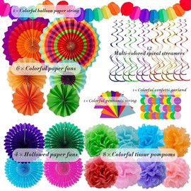 Party Decoration Set-33 Pcs! Colorful Mexican Inspired Hanging Paper Fans,Garlands String Polka Dot，Triangle Bunting Flags & Tissue Streamers - Ideal for Birthdays, Festivals & Parties