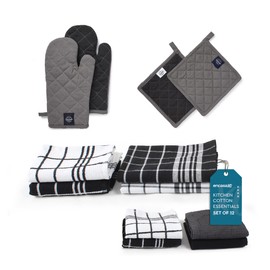 Encasa XO Kitchen and Dish Towels - Oven Mitts - Pot Holder Set of 12 Pc - Pure Cotton - Dishcloths Grey Combo