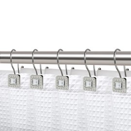 Shower Hooks - Double Shower Curtain Rings for Bathroom - Rust Resistant Shower Curtain Hooks for Shower Curtain or Liner - Shower Curtain Rings with Crystal Design - Set of 12, Brushed Nickel