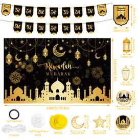 Ramadan Decorative Banner, Ramadan Decoration Set, Living Room Background, Eid Mubarak Decoration with Banner Flags, Carrying Ropes & Hanging Hooks, Accessories for Home, Muslim Ramadan Eid Party