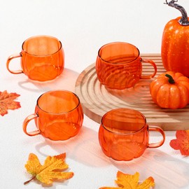 Didaey 4 Pcs Fall Pumpkin Glass Mugs Orange Glass Pumpkin Cups with Handle Heat Resistant Coffee Tea Milk Clear Drinking Cups for Thanksgiving Gift Home Office