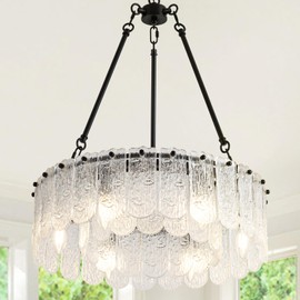 LUZBBLU 6-Light Drum Crystal Chandeliers, 20" Modern Black Crystal Chandeliers for Dining Room, Double-Layer Luxury Water Ripple Glass Chandelier, Round Pendant Light for Living Room Bedroom Entryway