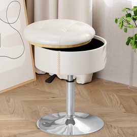 ACEQLYT Adjustable Vanity Stool with Storage, Modern White Leather Vanity Chair for Makeup Room Bedroom, 360°Swivel Makeup Chair, Sturdy, Rust-Resistant and Easy to Assemble Round Ottoman