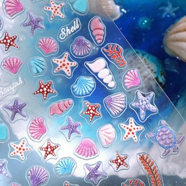 YIHONGYAN Summer Nail Stickers Nail Decoration 5D Relief Iridescent Seashell Starfish Stickers Design Stick on Nails for Women Nail Art Supplies 1 Sheets