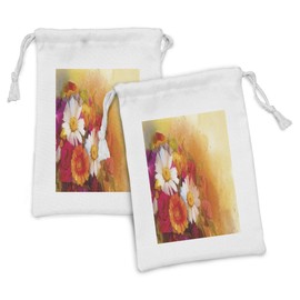 Lunarable Floral Fabric Pouch Set of 2, Vivid Flower Bouquet with Roses Daisy Gerbera Blossoms Flourishing Artwork, Small Drawstring Bag for Toiletries Masks and Favors, 9" x 6", Orange Magenta White