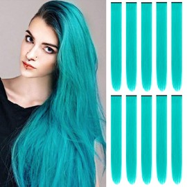 TOFAFA 22 inch Colored Hair Extensions Straight Hairpiece, Multi-colors Party Highlights Clip in Synthetic Hair Extensions for Women Kids Girls (10 PCS Teal Blue)