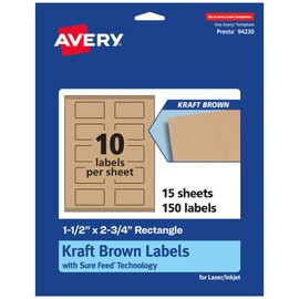 Avery Kraft Brown Rectangle Labels with Sure Feed, 1.5" x 2.75", 150 Kraft Brown Labels, Print-to-The-Edge, Laser/Inkjet Printable Labels