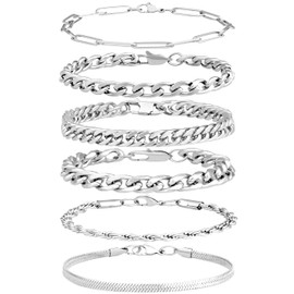 YATOJUZI 6 Pcs Stainless Steel Bracelets for Men Mens Bracelet Silver Stainless Steel Cuban Link Bracelet Rope Paperclip Snake Chain Bracelets Set for Men Metal Accessories 8.3 Inches