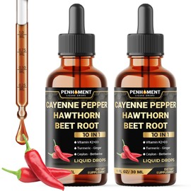 Penhoment 2 Packs - 2700 mg 10in1 Cayenne Pepper Liquid Drops with Hawthorn Berry, Vitamin D3 K2, Beet Root, Ginger Turmeric, Ginger, Ceylon Cinnamon, Berberine, and Ginseng - 2 Months