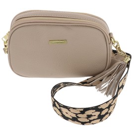 Equilibrium Cross Body Shoulder Bag With Two Zips and Fun Animal Print Strap Design and Tassel - Black, Cream or Navy with Gold Hardware (Cream)