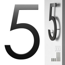 8 Inch Black House Number 5 for Outside – Modern Floating Address Numbers, Aluminum, Weather-Resistant & Rust-Proof, Easy to Install, Large Outdoor Address Numbers for Home, Office, and Street