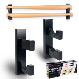 Invech 2 Black Baseball Bat Holder, Baseball Bat Display Wall Mount, Sturdy Wood Bat Horizontal Rack, Baseball Bat Hanger with Screws & Anchors