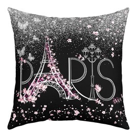 Paris Pillow Case Cushion Cover Silver Glitter Decorative Throw Pillowcase France Eiffel Tower Throw Pillow Cover Pink Floral Paris Decor for Bedroom Romantic Valentines 18"x18" 1 Pcs (No Glitter)