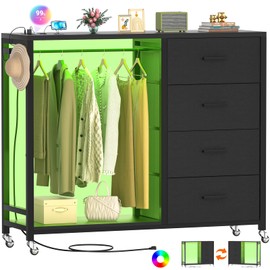 Cyclysio Dresser for Bedroom with Clothes Rack, 4 Drawers Dresser with Charging Station & LED Lights, Black Storage Chest of Drawers with Wheels, Wooden Top, Lockable Wheels, Bedroom, Closet, Black
