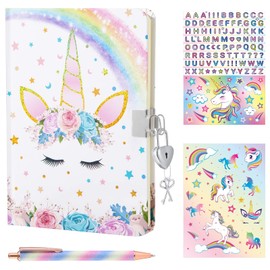 Unicorn Diary Set - Glitter Notebook Gift for Girls Children Travel Private Journals A5 School Books Writing Notepad Ballpoint Pen Sticker Tape with Lock and Keys