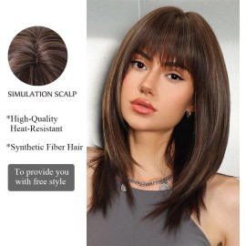 WigsA Short Straight Cosplay Wigs With Bangs Mixed Brown Heat Resistant Synthetic Hair
