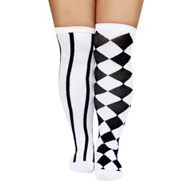 Plus Size Jester Mismatched Thigh Highs - Striped & Diamond Checkered Pattern,Clown Costume Socks for Carnival & Cosplay​