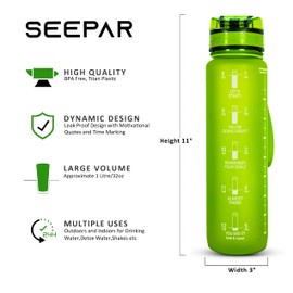 SEEPAR Water Bottle 1L with Time Markings- Blue Drink Bottle - US Tritan, Leak Proof Motivational Water Bottle with Removable Filter in 4 Eye Catching Colours (Green)