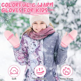 Kiiwah Children's Finger Gloves with Cap, Winter Gloves Fingerless for Girls Boys 5-12 Years, Warm Children's Gloves Knitting, pink