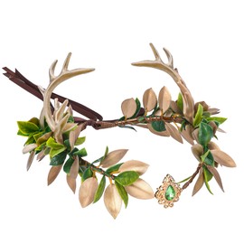 MOSTORY Handmade Antler Fairy Crown Gold Green Leaf Headpiece Deer Horns Elf Headband Woodland Elven Circlet for Women Womens Cosplay Costume Hair Accessories Wedding Bridal Maternity Shoot Proms